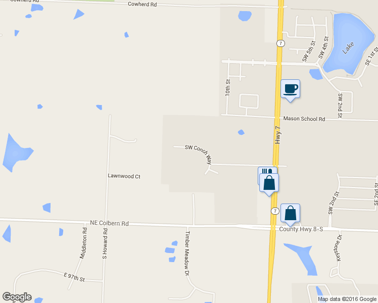 map of restaurants, bars, coffee shops, grocery stores, and more near 1116 Southwest Conch Way in Blue Springs