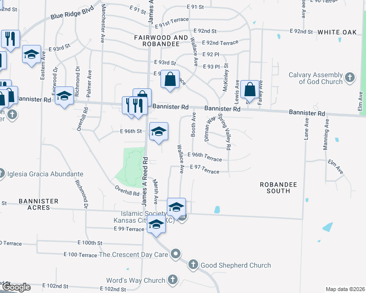 map of restaurants, bars, coffee shops, grocery stores, and more near 9617 Wallace Ave in Kansas City