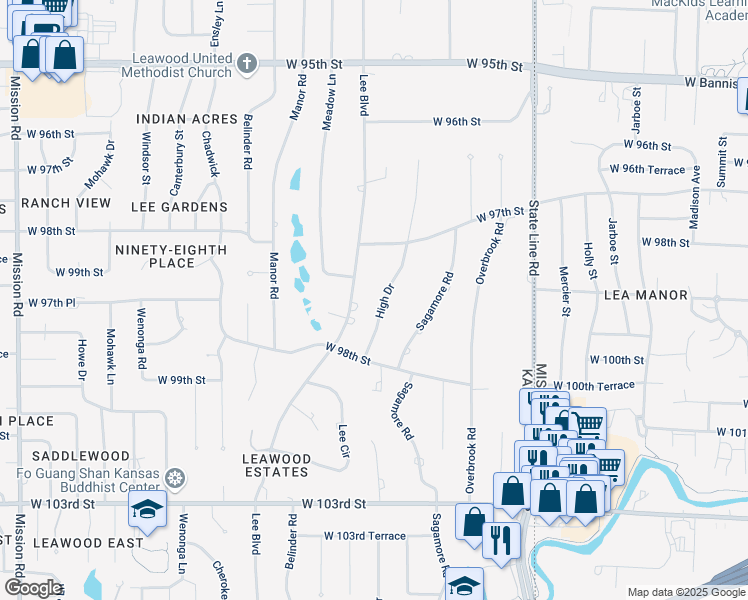 map of restaurants, bars, coffee shops, grocery stores, and more near 9717 Lee Boulevard in Leawood