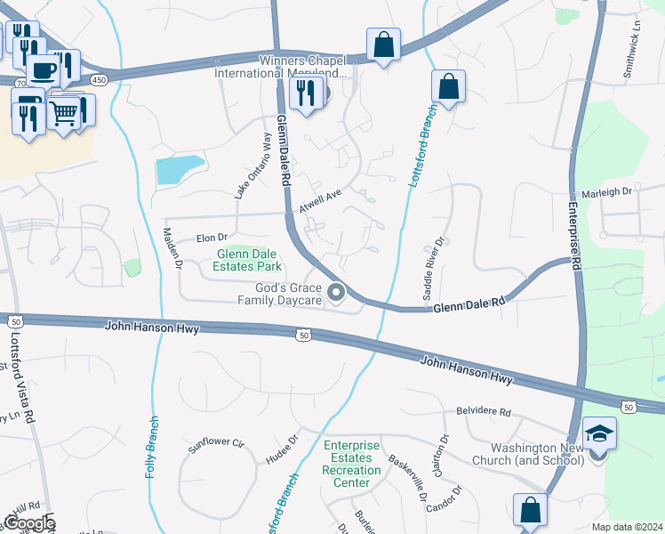 map of restaurants, bars, coffee shops, grocery stores, and more near 4214 Bar Harbor Place in Bowie