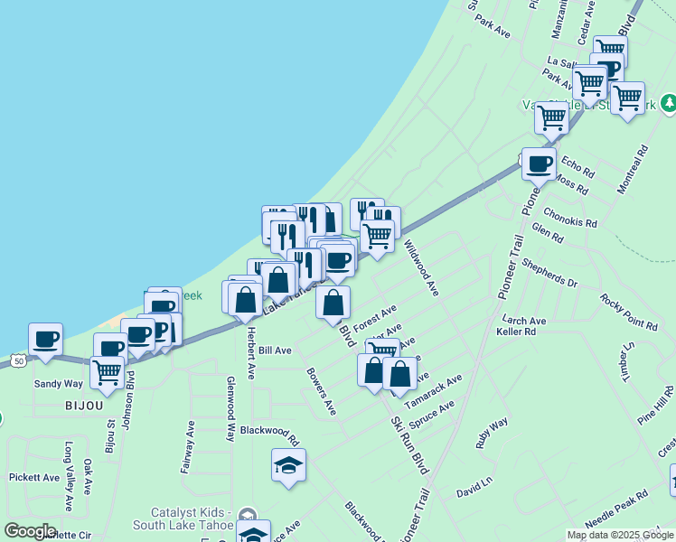 map of restaurants, bars, coffee shops, grocery stores, and more near 3676 Lake Tahoe Blvd in South Lake Tahoe