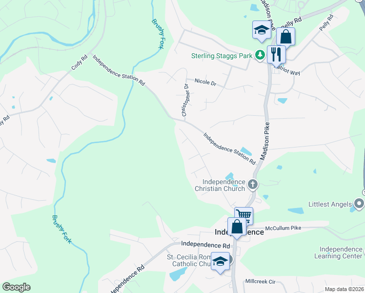 map of restaurants, bars, coffee shops, grocery stores, and more near 121 Carrie Way in Independence