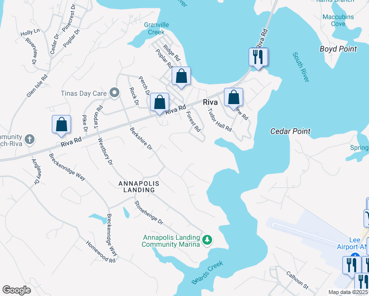 map of restaurants, bars, coffee shops, grocery stores, and more near 545 Fern Road in Riva