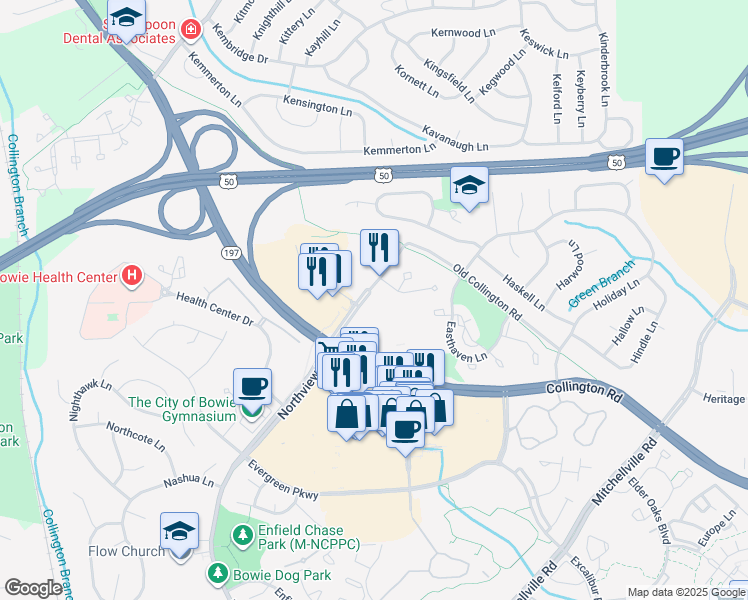 map of restaurants, bars, coffee shops, grocery stores, and more near 4307 Northview Drive in Bowie