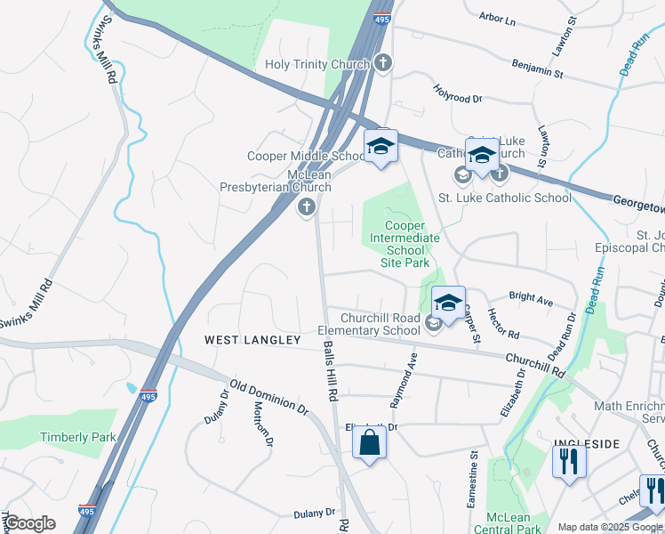 map of restaurants, bars, coffee shops, grocery stores, and more near 7212 Thrasher Road in McLean
