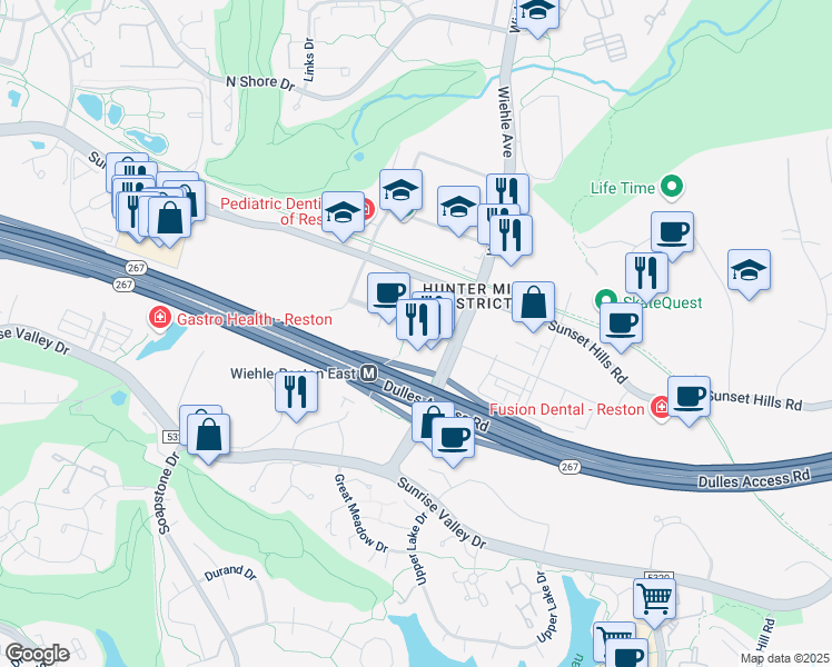 map of restaurants, bars, coffee shops, grocery stores, and more near 11389 Reston Station Boulevard in Reston