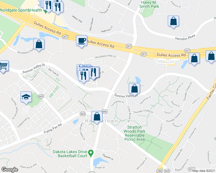 map of restaurants, bars, coffee shops, grocery stores, and more near 12917 Centre Park Circle in Herndon