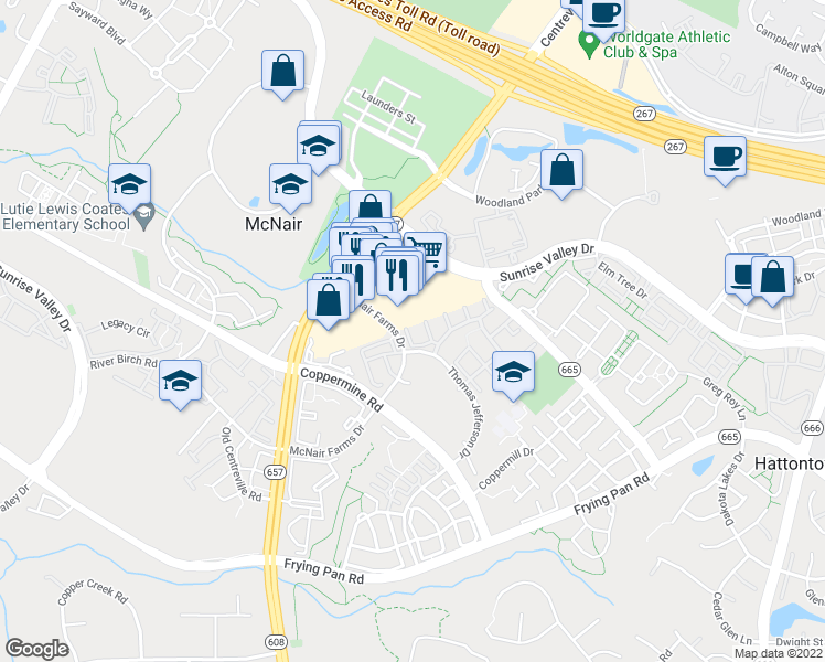 map of restaurants, bars, coffee shops, grocery stores, and more near 2451 Old Silo Court in Herndon