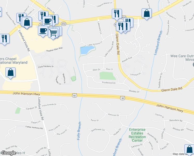 map of restaurants, bars, coffee shops, grocery stores, and more near 4303 Pavia Court in Bowie
