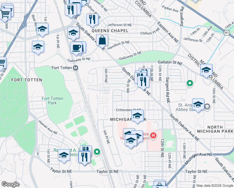 map of restaurants, bars, coffee shops, grocery stores, and more near 712 Decatur Place Northeast in Washington