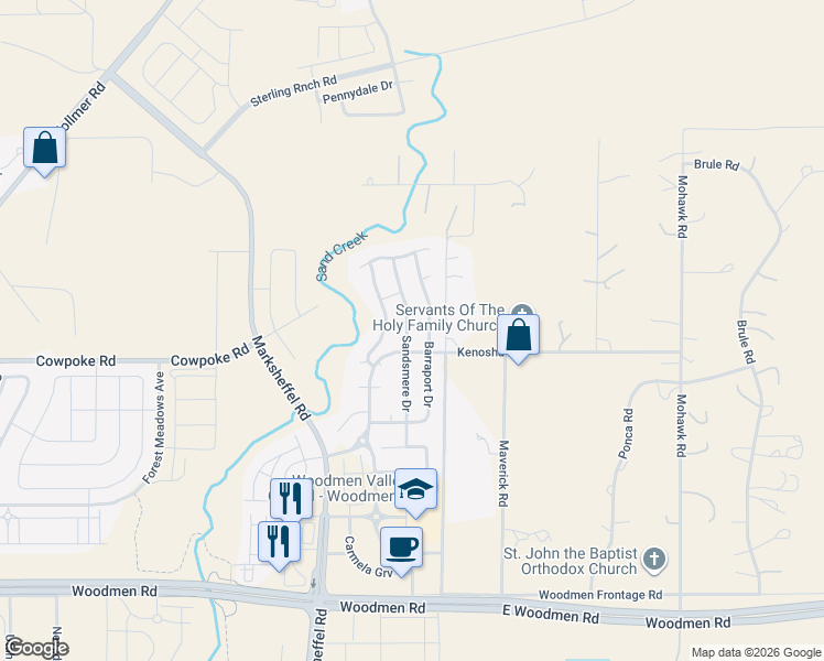 map of restaurants, bars, coffee shops, grocery stores, and more near 7945 Sandsmere Drive in Colorado Springs