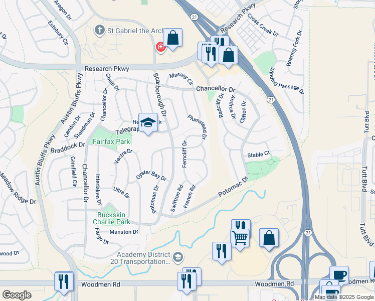 map of restaurants, bars, coffee shops, grocery stores, and more near 8023 Ferncliff Drive in Colorado Springs
