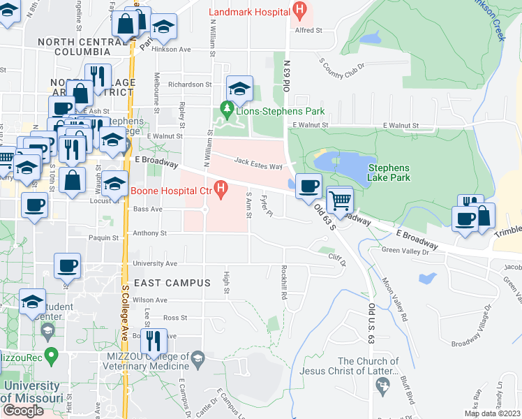 map of restaurants, bars, coffee shops, grocery stores, and more near 103 Fyfer Place in Columbia