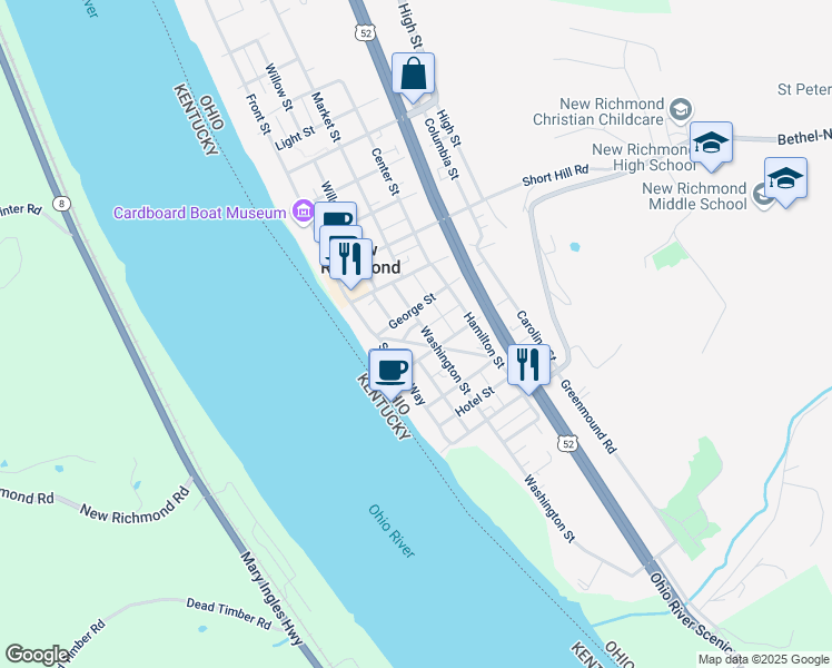 map of restaurants, bars, coffee shops, grocery stores, and more near 211 Western Avenue in New Richmond