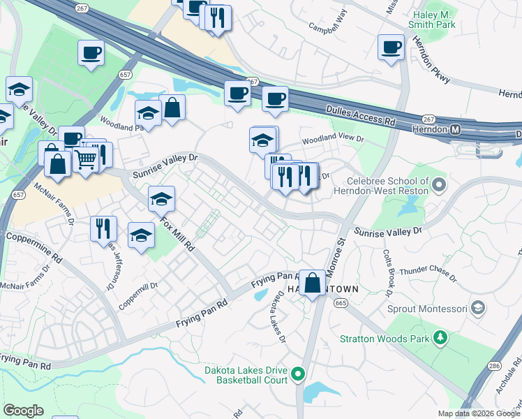 map of restaurants, bars, coffee shops, grocery stores, and more near 2364 Elm Tree Court in Herndon