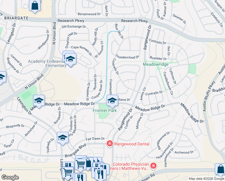map of restaurants, bars, coffee shops, grocery stores, and more near 8060 Essington Drive in Colorado Springs