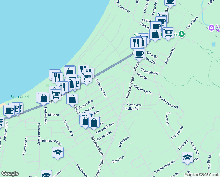 map of restaurants, bars, coffee shops, grocery stores, and more near 3768 Paradise Avenue in South Lake Tahoe