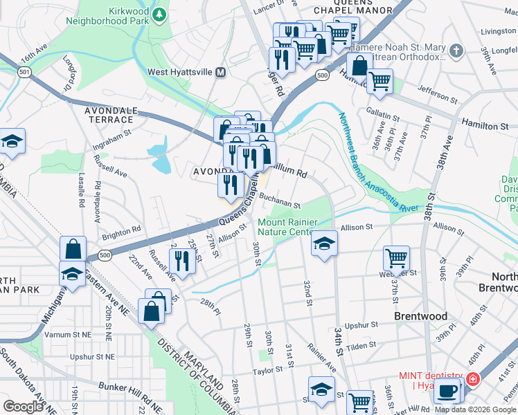 map of restaurants, bars, coffee shops, grocery stores, and more near 3001 Queens Chapel Road in Mount Rainier