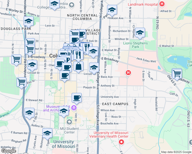map of restaurants, bars, coffee shops, grocery stores, and more near 205 South College Avenue in Columbia