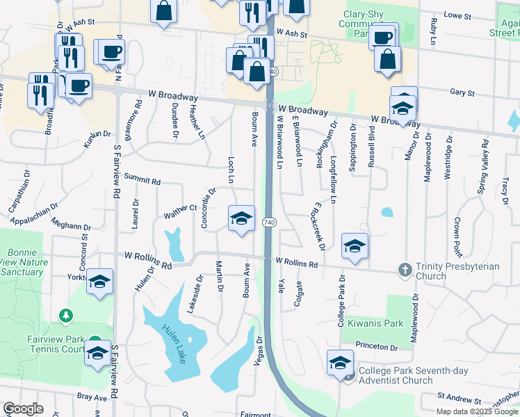 map of restaurants, bars, coffee shops, grocery stores, and more near 409 West Briarwood Lane in Columbia