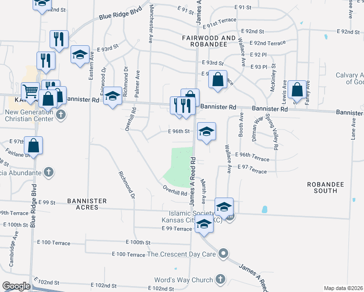 map of restaurants, bars, coffee shops, grocery stores, and more near 8109 East 96th Terrace in Kansas City