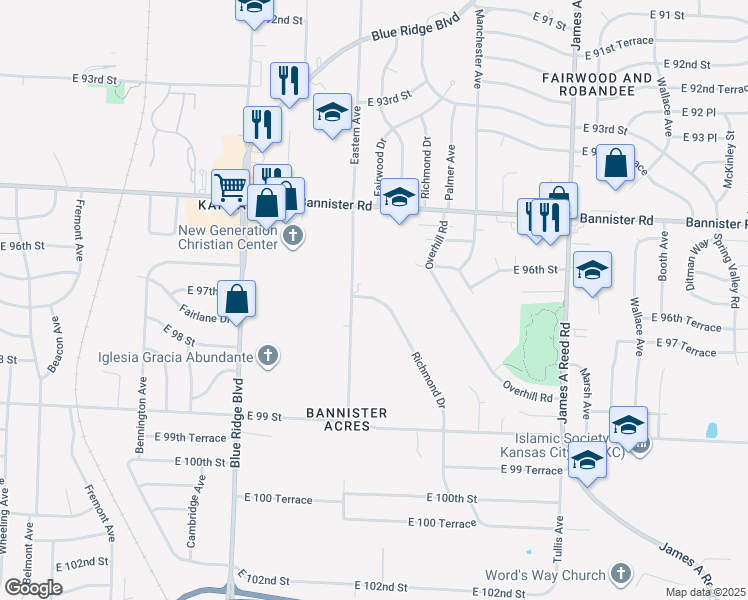 map of restaurants, bars, coffee shops, grocery stores, and more near 9600 Richmond Drive in Kansas City
