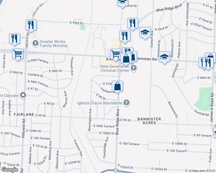 map of restaurants, bars, coffee shops, grocery stores, and more near 6901 East 97th Street in Kansas City