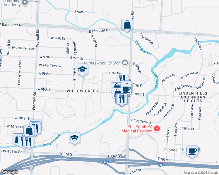 map of restaurants, bars, coffee shops, grocery stores, and more near 9800 Cherry Street in Kansas City