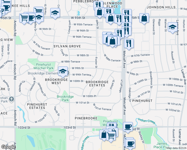 map of restaurants, bars, coffee shops, grocery stores, and more near 9913 Foster Street in Overland Park
