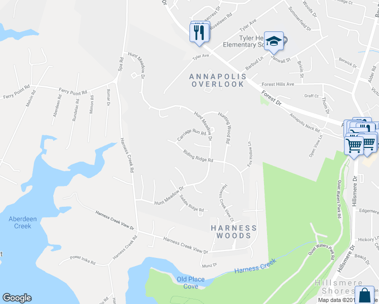 map of restaurants, bars, coffee shops, grocery stores, and more near 316 Riding Ridge Road in Annapolis