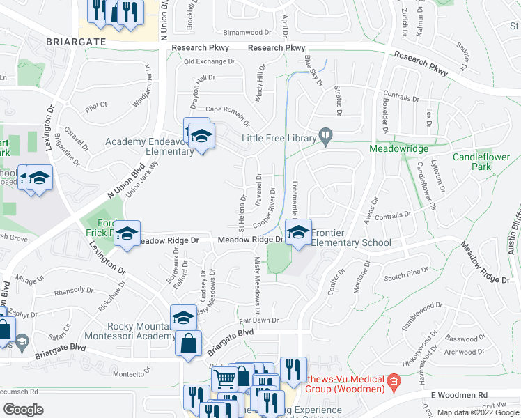 map of restaurants, bars, coffee shops, grocery stores, and more near 8179 Ravenel Drive in Colorado Springs