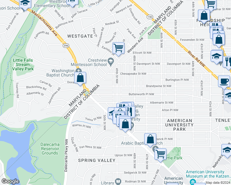 map of restaurants, bars, coffee shops, grocery stores, and more near 4522 49th Street Northwest in Washington