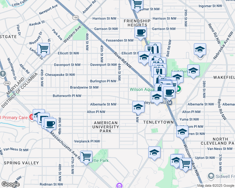 map of restaurants, bars, coffee shops, grocery stores, and more near 4522 44th Street Northwest in Washington