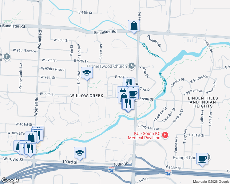 map of restaurants, bars, coffee shops, grocery stores, and more near 9800 Cherry Street in Kansas City