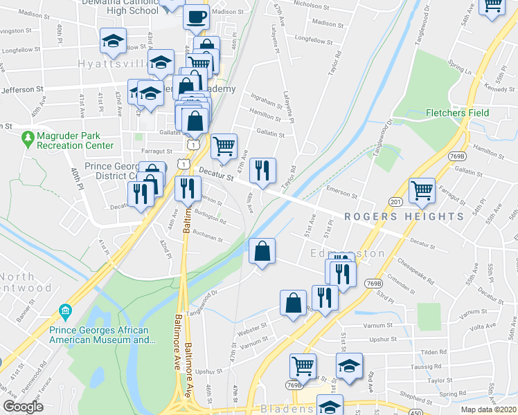map of restaurants, bars, coffee shops, grocery stores, and more near 4802 49th Avenue in Hyattsville