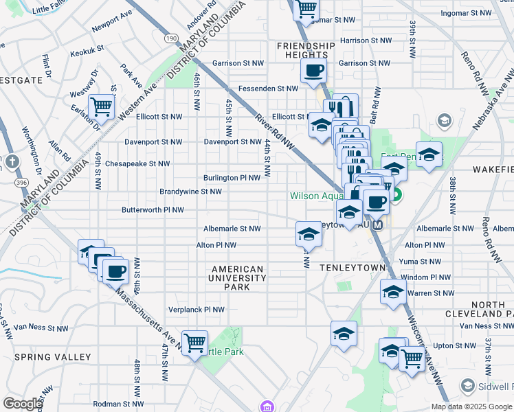 map of restaurants, bars, coffee shops, grocery stores, and more near 4409 Butterworth Place Northwest in Washington