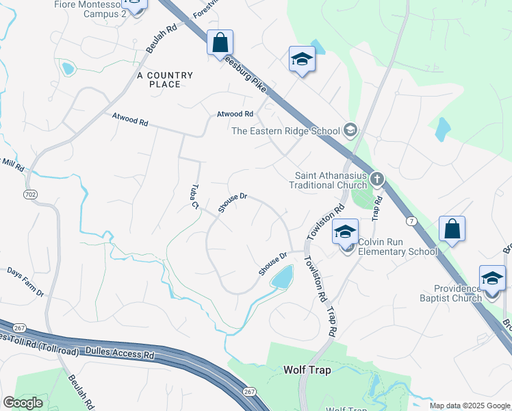 map of restaurants, bars, coffee shops, grocery stores, and more near 1400 Baritone Court in Vienna