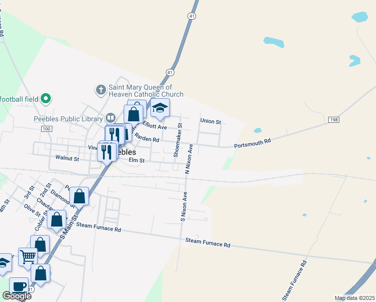 map of restaurants, bars, coffee shops, grocery stores, and more near 107 North Nixon Avenue in Peebles