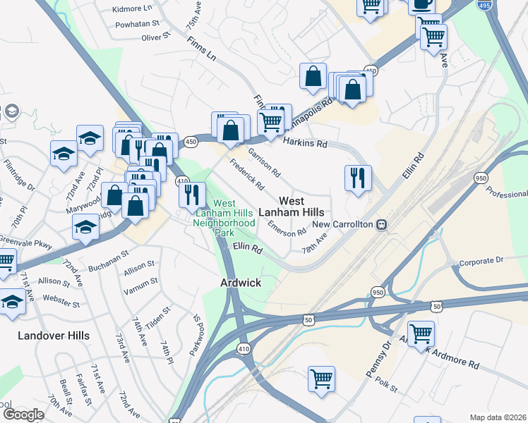 map of restaurants, bars, coffee shops, grocery stores, and more near 7740 Emerson Road in Hyattsville