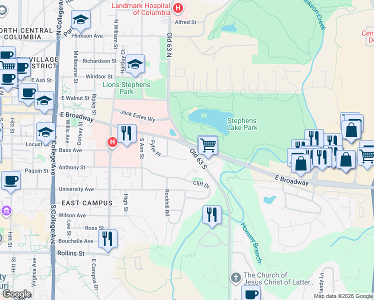 map of restaurants, bars, coffee shops, grocery stores, and more near 5 Old 63 South in Columbia