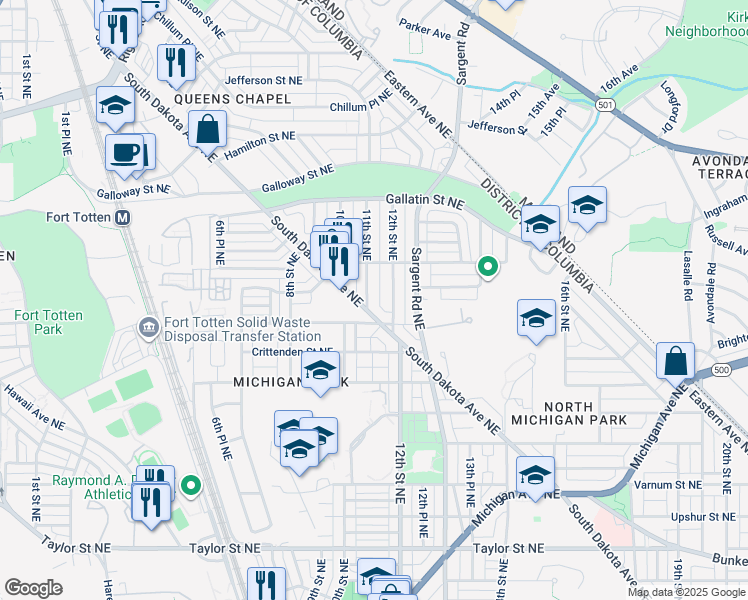 map of restaurants, bars, coffee shops, grocery stores, and more near 4907 11th Street Northeast in Washington