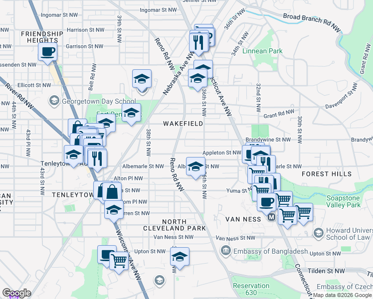 map of restaurants, bars, coffee shops, grocery stores, and more near 3625 Appleton Street Northwest in Washington