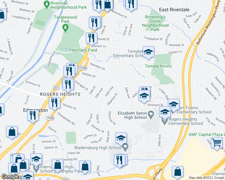 map of restaurants, bars, coffee shops, grocery stores, and more near 5021 56th Avenue in Hyattsville