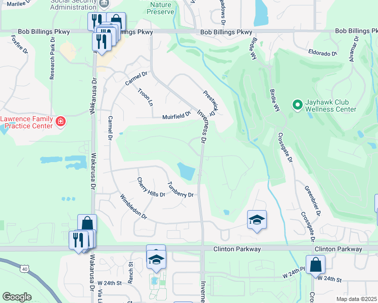 map of restaurants, bars, coffee shops, grocery stores, and more near 4409 Nicklaus Drive in Lawrence