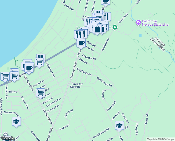 map of restaurants, bars, coffee shops, grocery stores, and more near 1044 Cellador Drive in South Lake Tahoe
