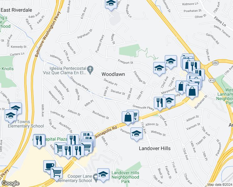 map of restaurants, bars, coffee shops, grocery stores, and more near 6937 Decatur Street in Hyattsville