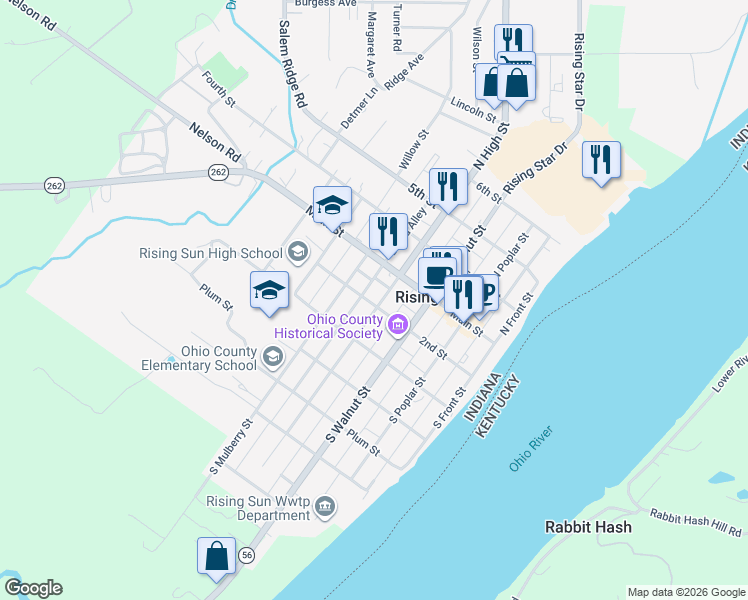map of restaurants, bars, coffee shops, grocery stores, and more near 122 South High Street in Rising Sun