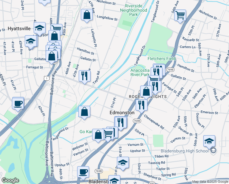 map of restaurants, bars, coffee shops, grocery stores, and more near 5108 Decatur Street in Hyattsville