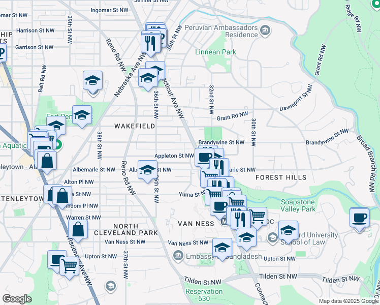 map of restaurants, bars, coffee shops, grocery stores, and more near 4530 Connecticut Avenue Northwest in Washington
