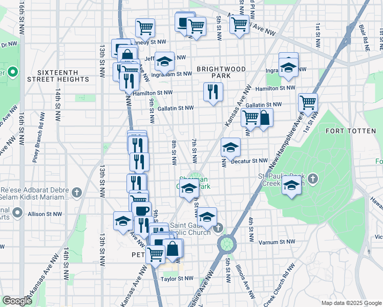 map of restaurants, bars, coffee shops, grocery stores, and more near 4814 7th Street Northwest in Washington